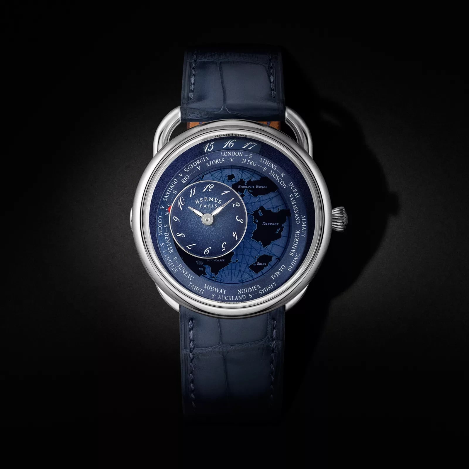 Hermès Arceau Le Temps Voyageur watch, 38 mm, Blue