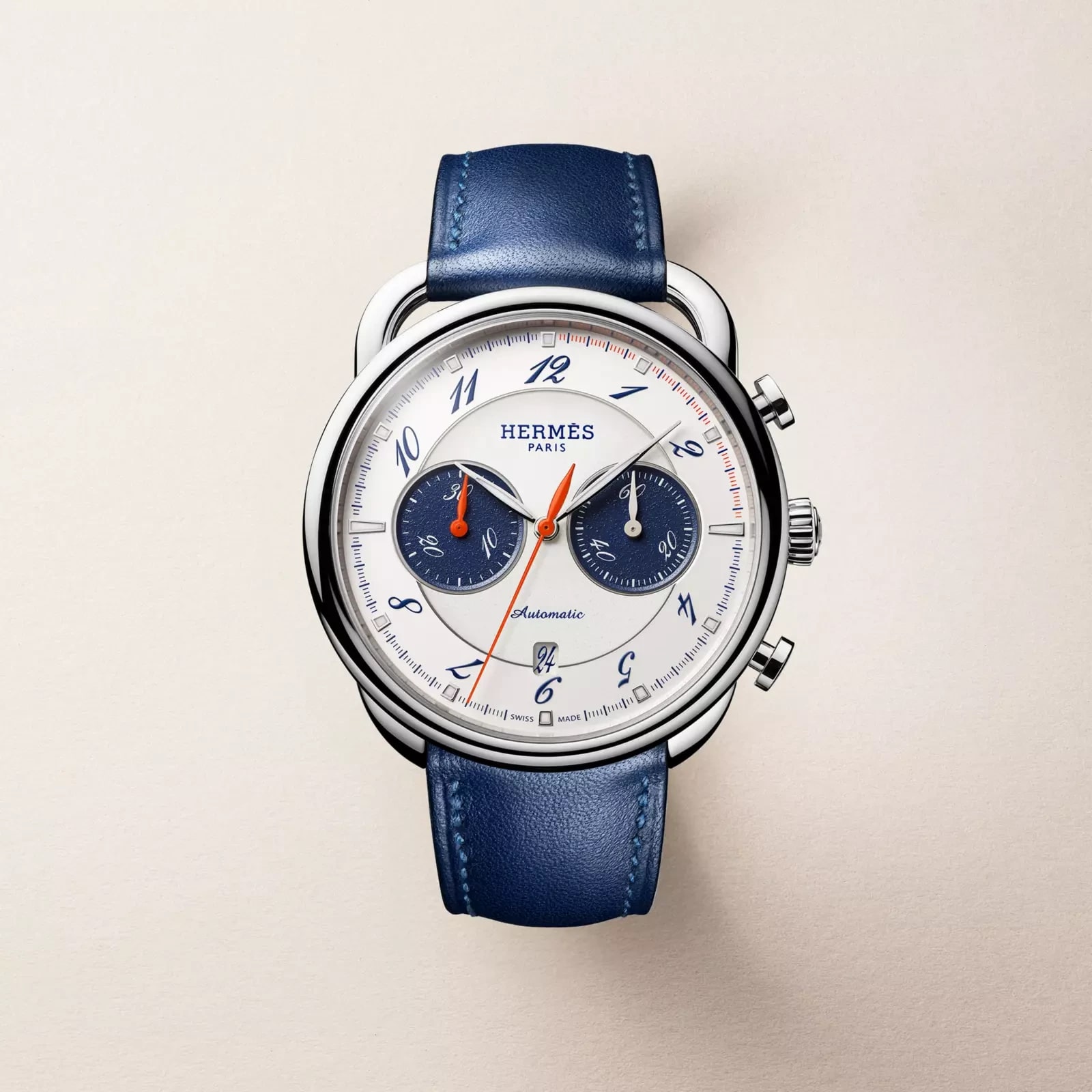Hermès Arceau Chronographe watch, 42 mm, Blue
