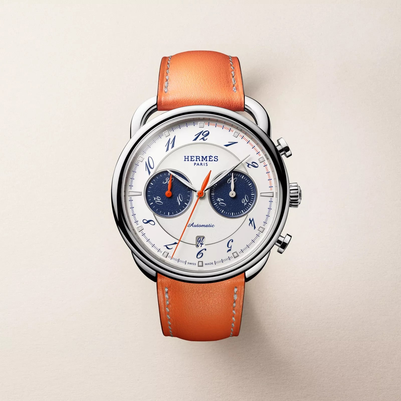 Hermès Arceau Chronographe watch, 42 mm, Orange