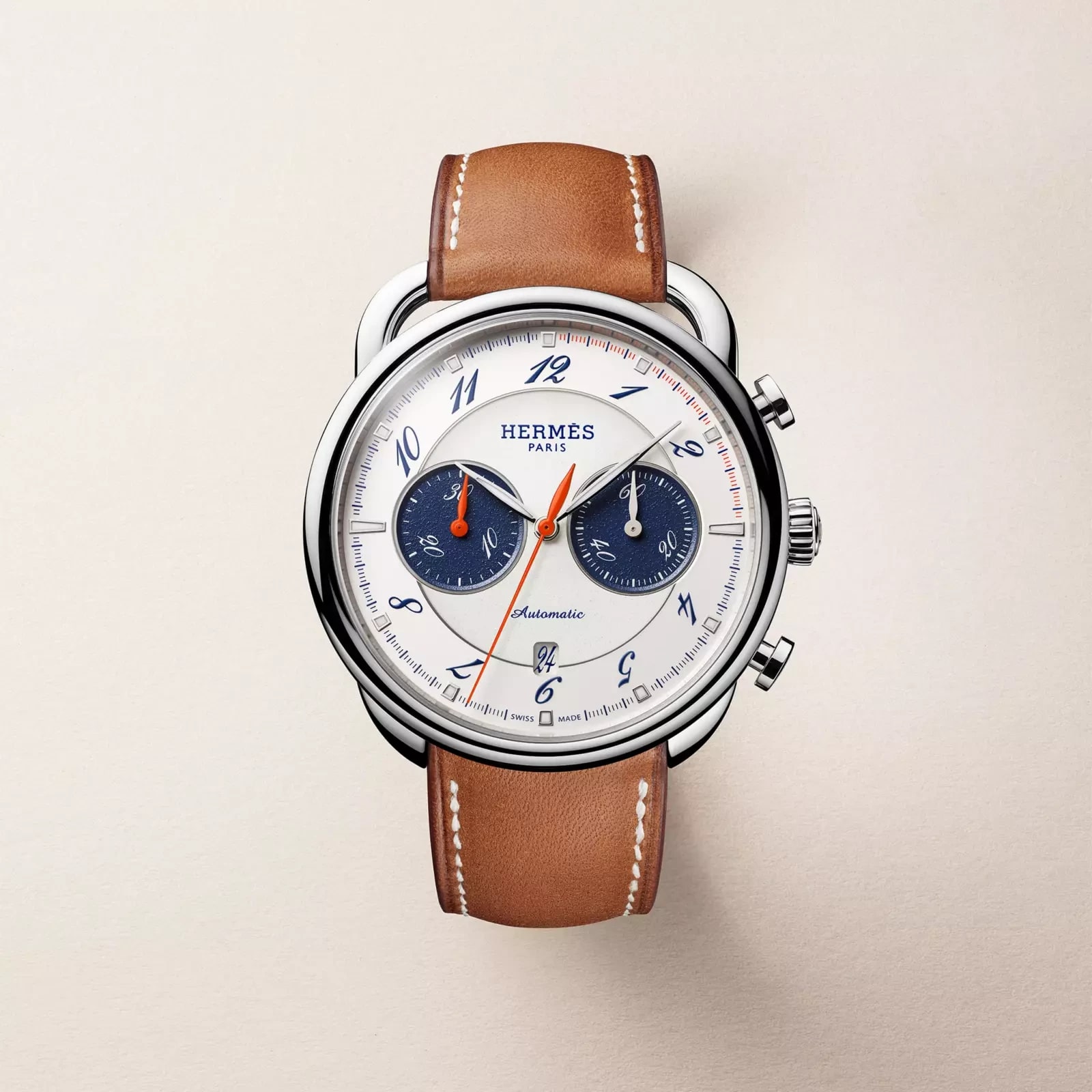 Hermès Arceau Chronographe watch, 42 mm, Blue