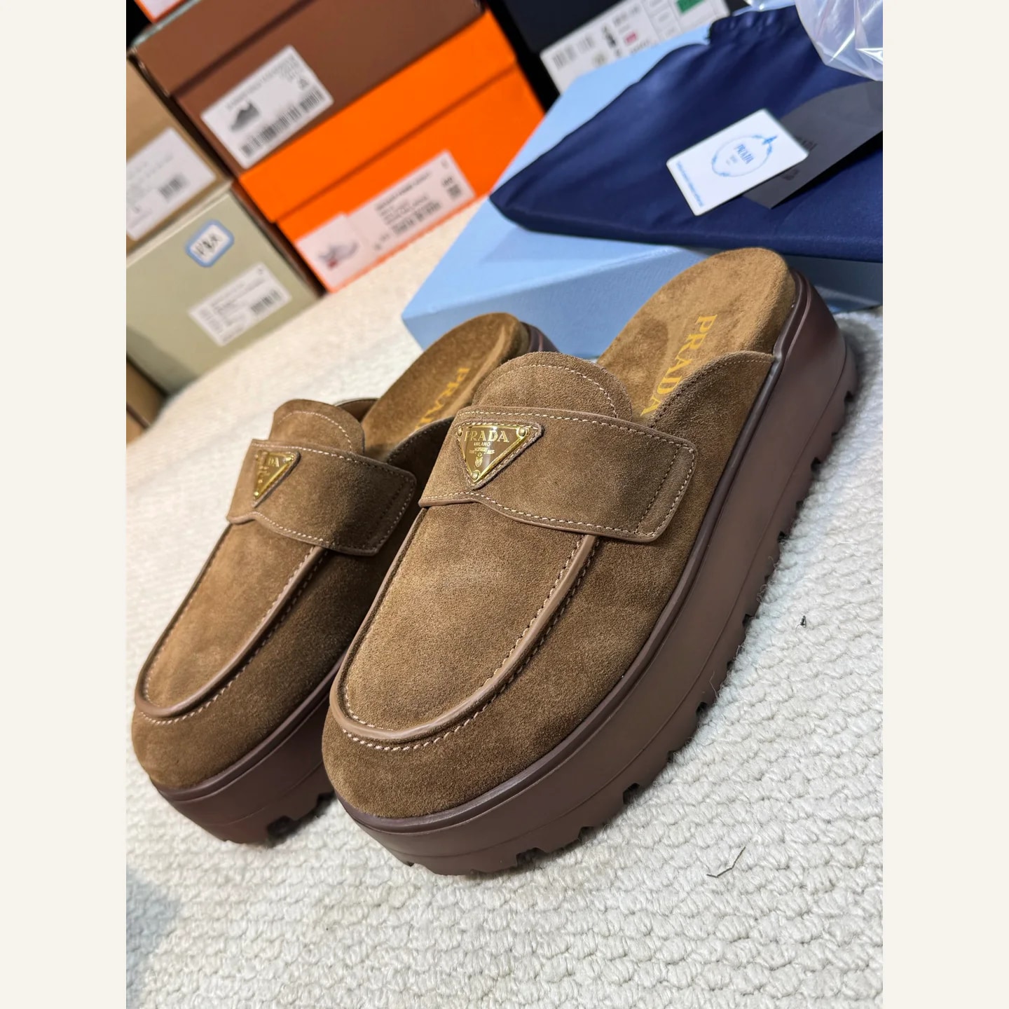 Prada Triangle-logo Shearling Platform Mule