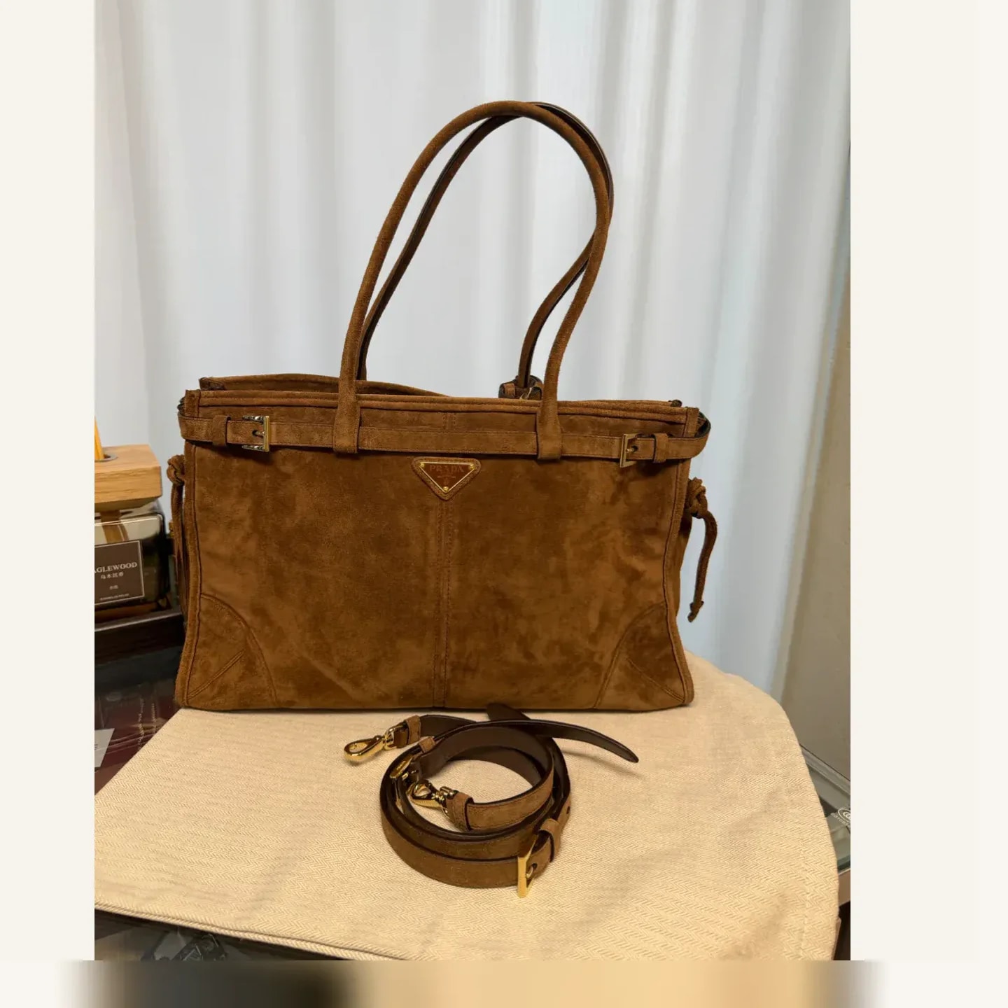 Prada Large Prada Buckle Suede Bag with Belt