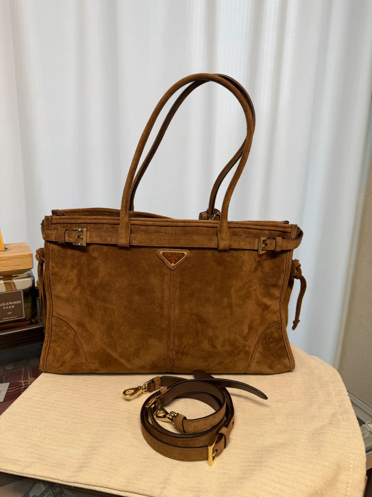 Prada Large Prada Buckle Suede Bag with Belt
