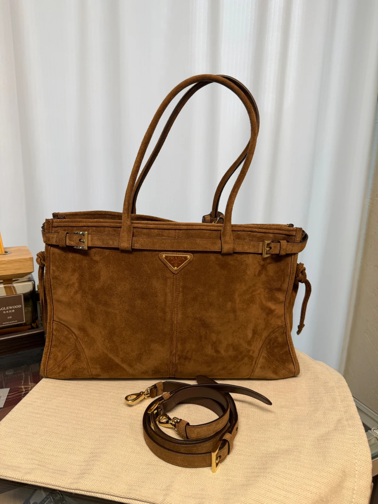 Prada Large Prada Buckle Suede Bag with Belt