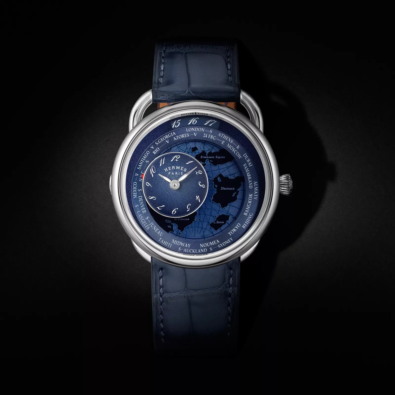 Hermès Arceau Le Temps Voyageur watch, 38 mm, Blue