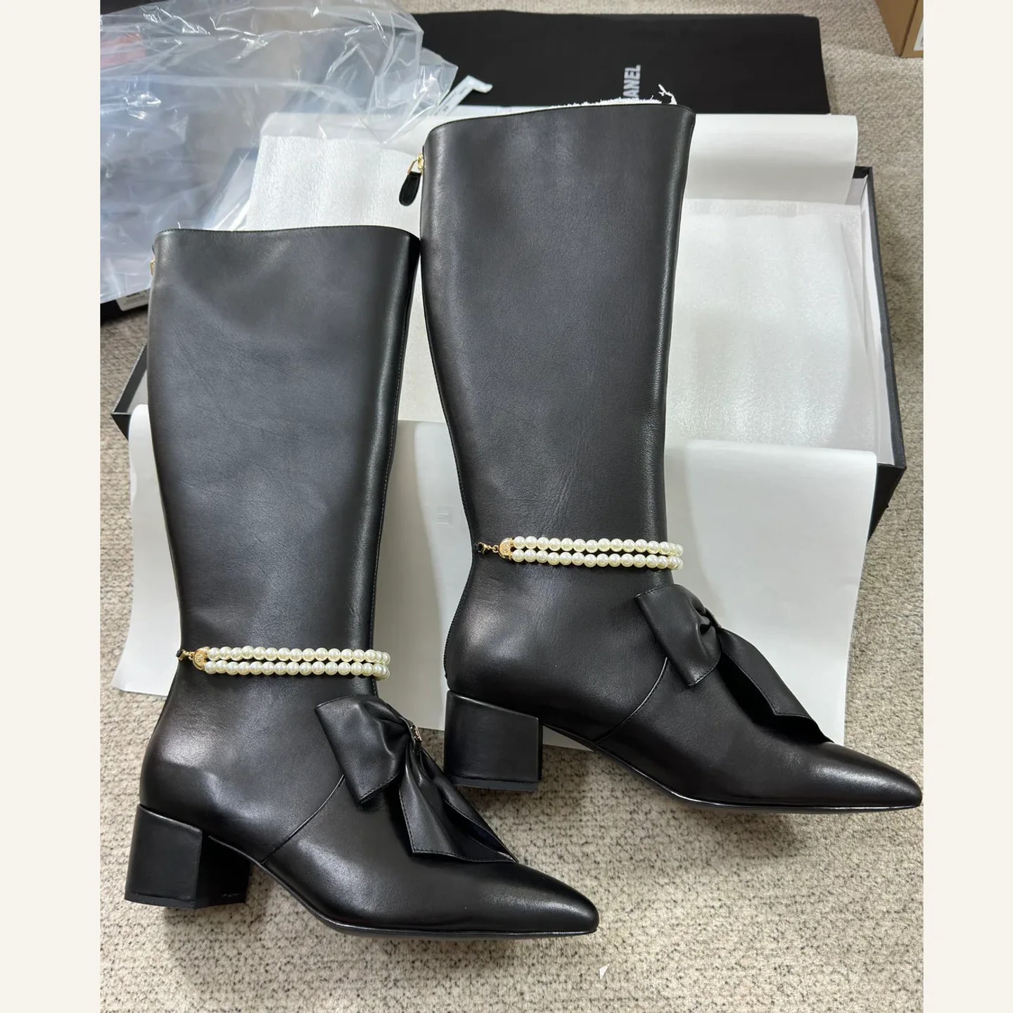 CHANEL Pearl-chain Knee-high Boot