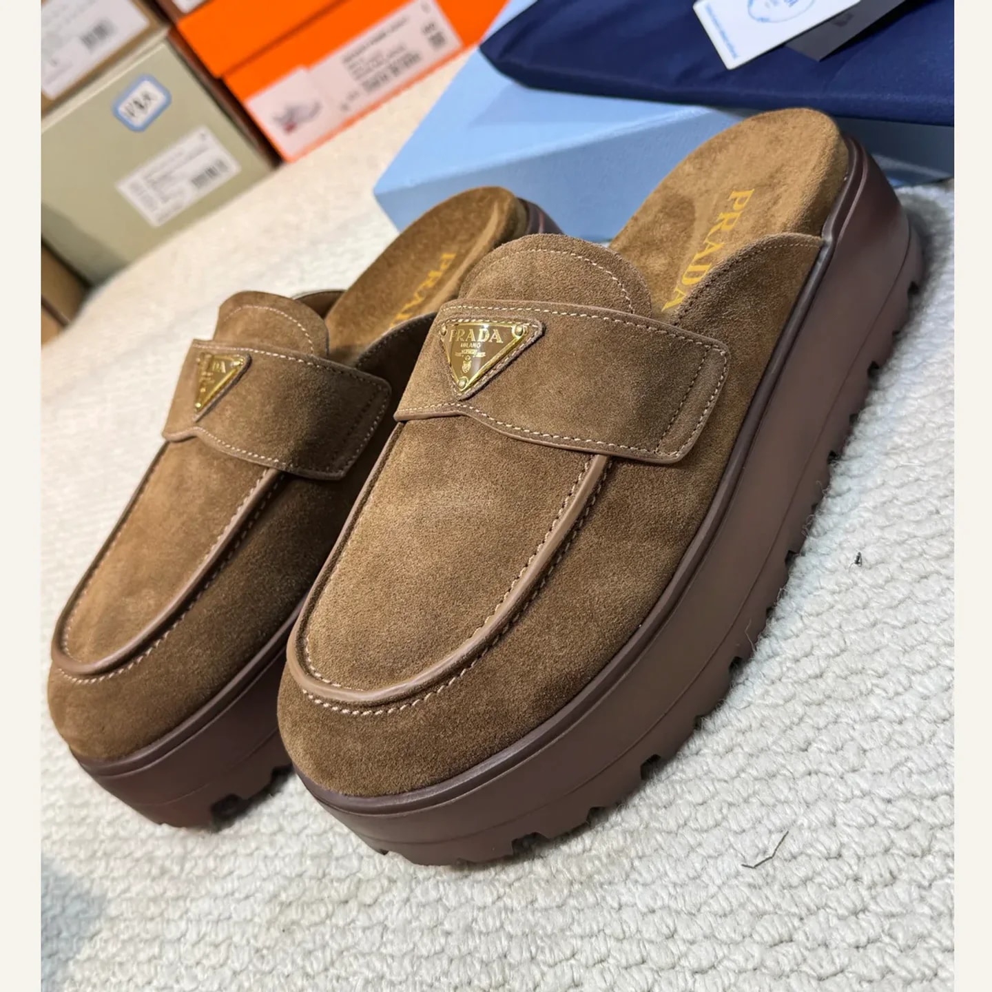 Prada Triangle-logo Shearling Platform Mule